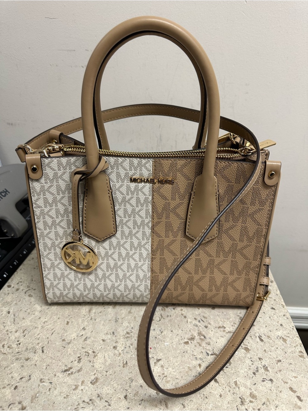 Michael Kors Two-Tone Logo Satchel in Beige and White. Never used!